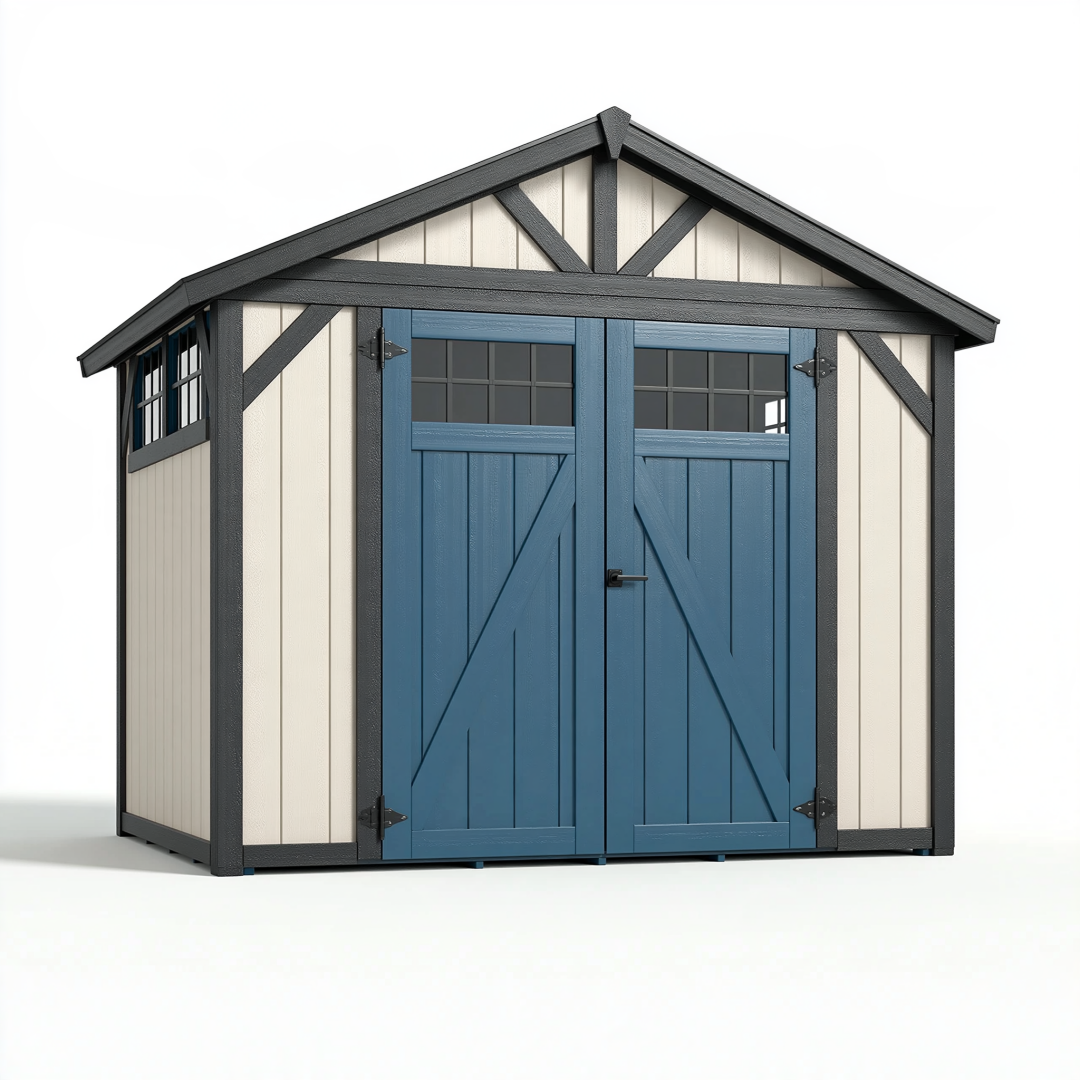 Abri de jardin 210 x 130 x 200 cm en résine bleu crème avec double porte style chalet