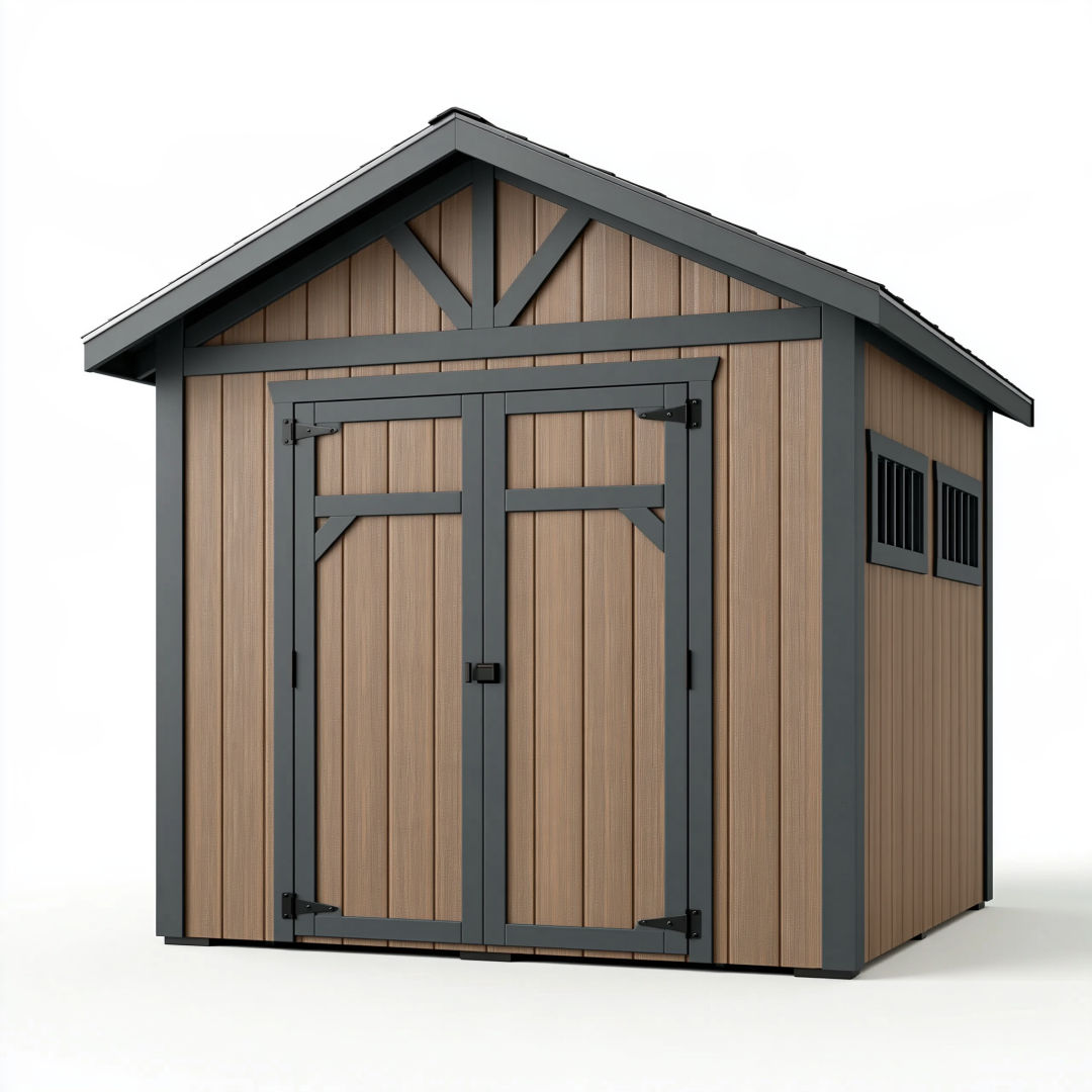 Abri de jardin 240 x 180 x 220 cm en panneaux aspect bois marron et structure métal anthracite à double porte