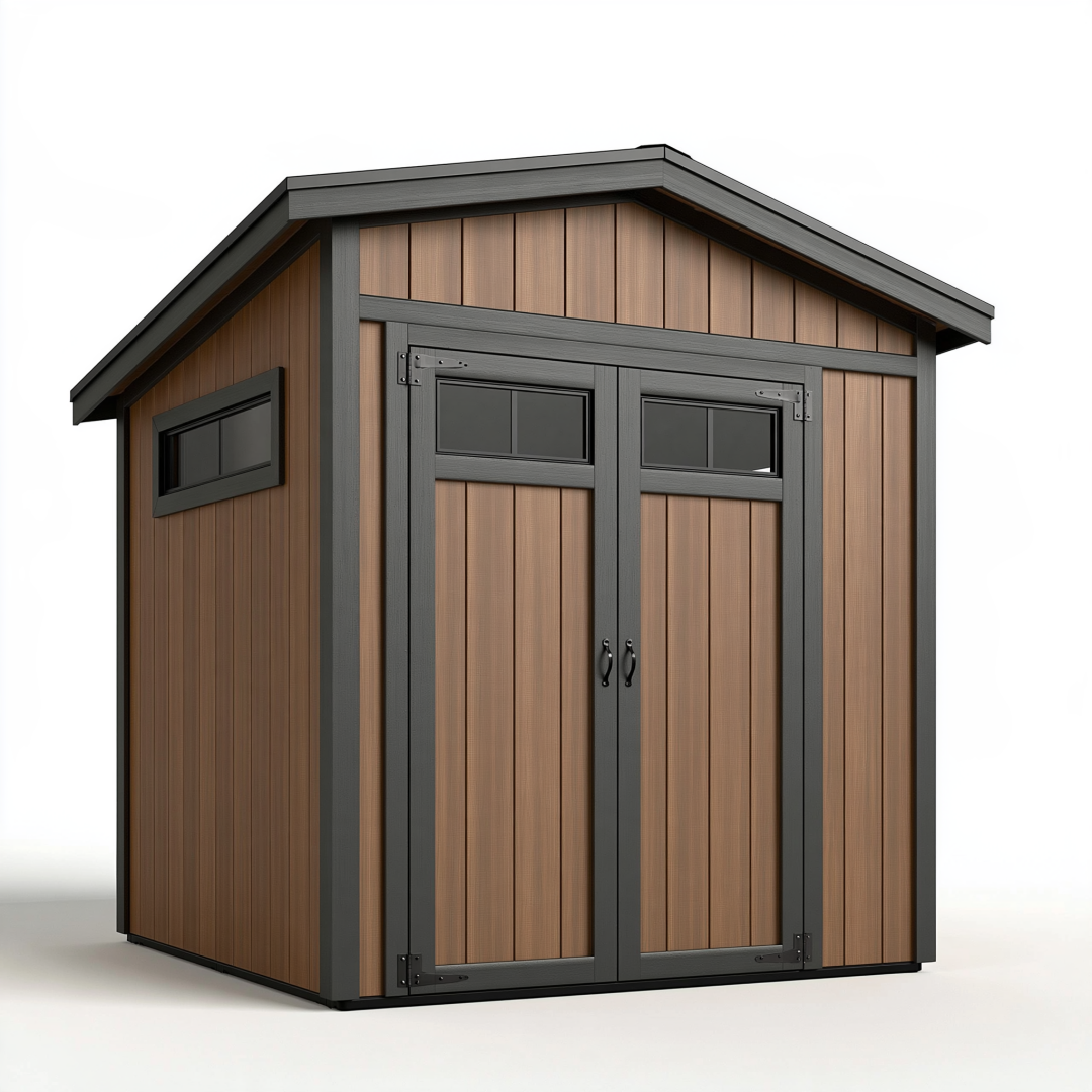 Abri de jardin 200 x 120 x 190 cm à structure métallique anthracite et panneaux aspect bois marron à double porte
