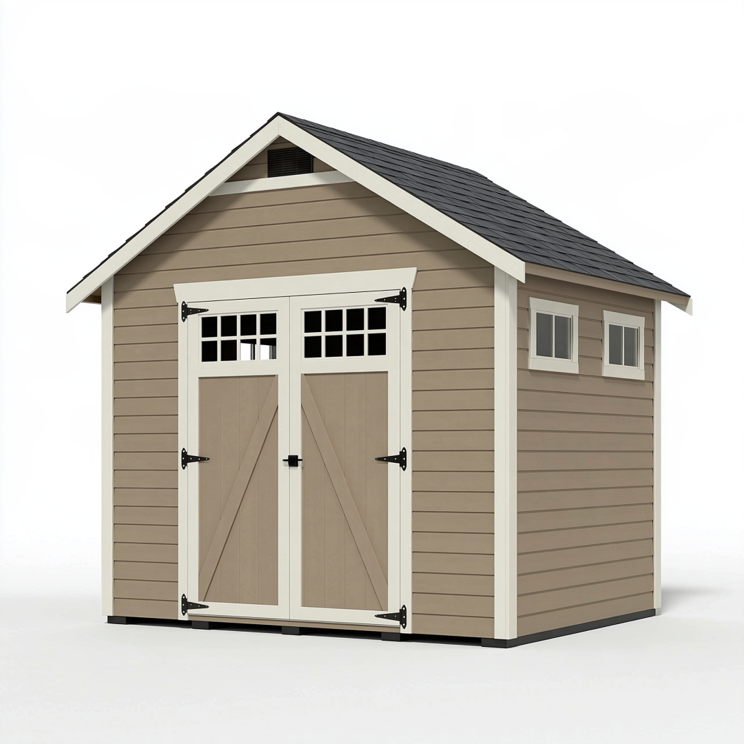Abri de jardin 244 x 183 x 244 cm en résine beige avec portes doubles et fenêtres