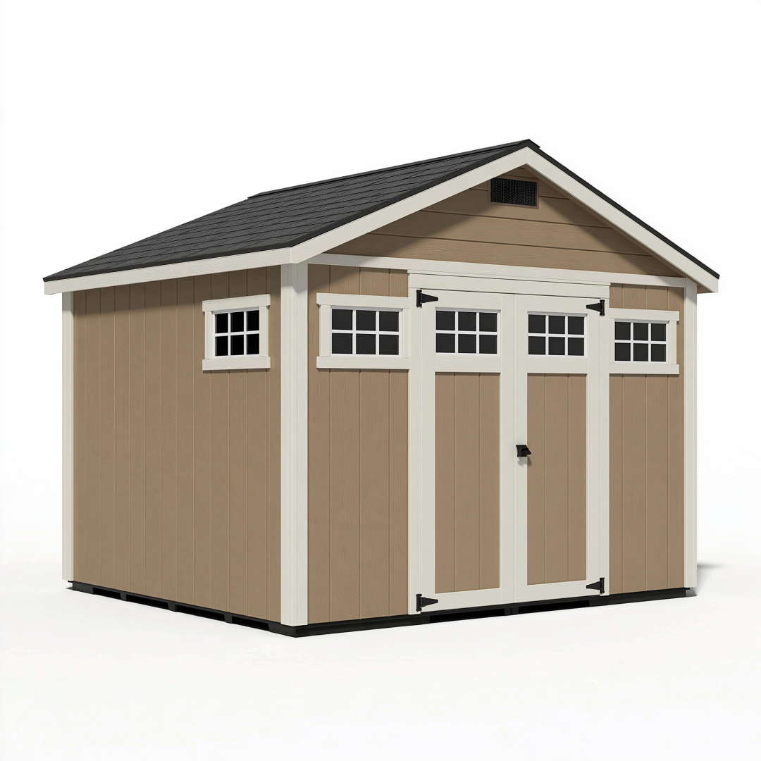Abri de jardin 305 x 244 x 244 cm en résine beige et blanc à double porte avec fenêtres