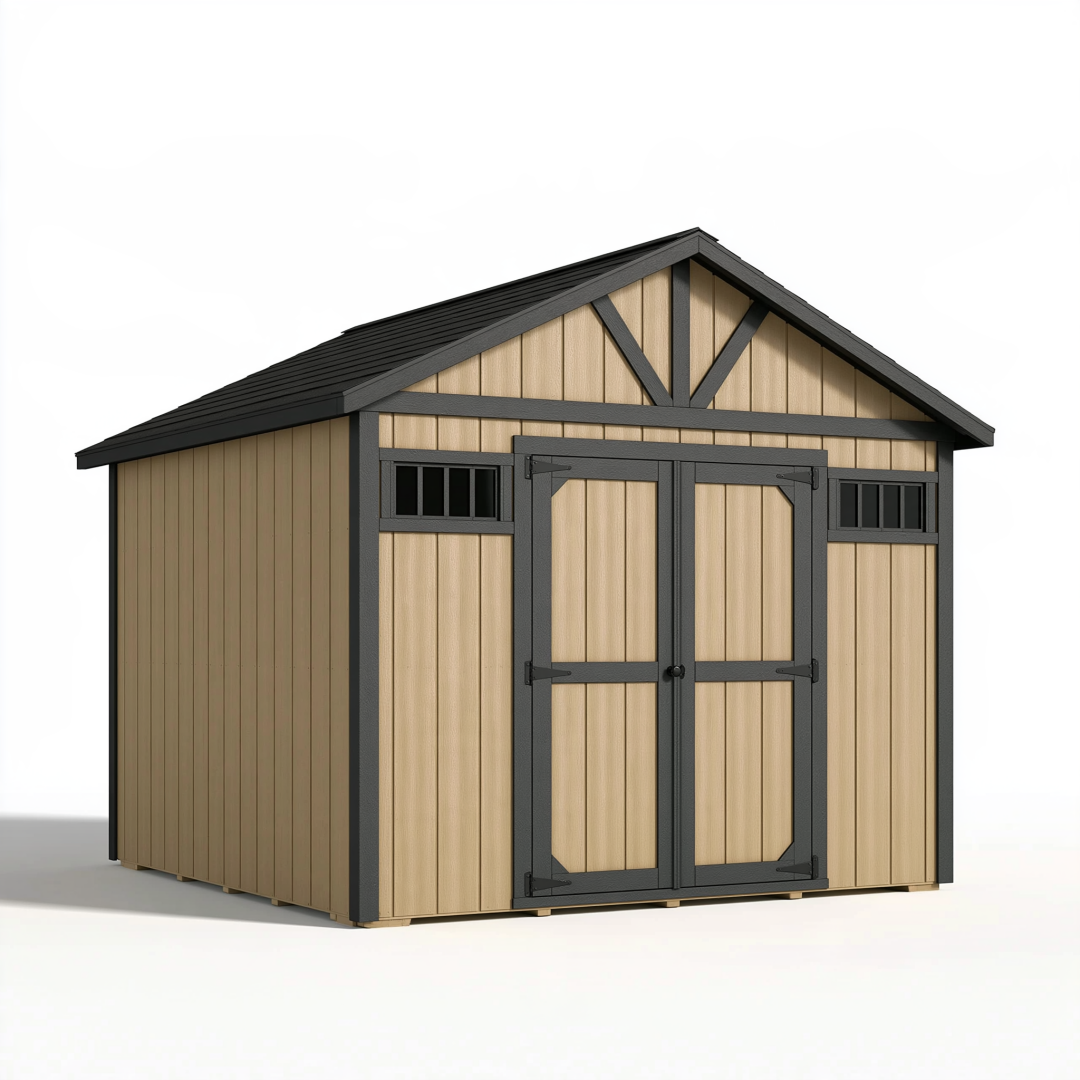 Abri de jardin 240 x 180 x 220 cm en bois beige et métal noir à double porte