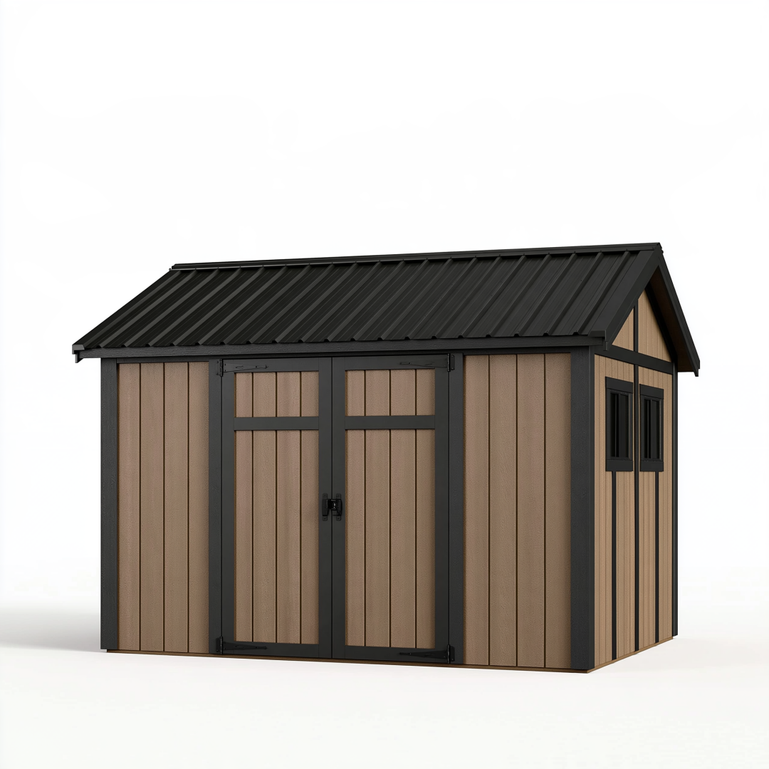 Abri de jardin 300 x 200 cm acier brun noir avec double porte toit incliné