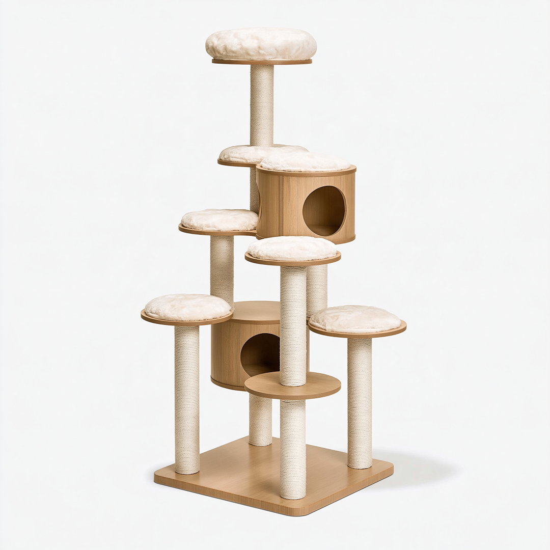Arbre à chat 60 x 60 x 170 cm en bois beige avec poteaux en sisal et niches