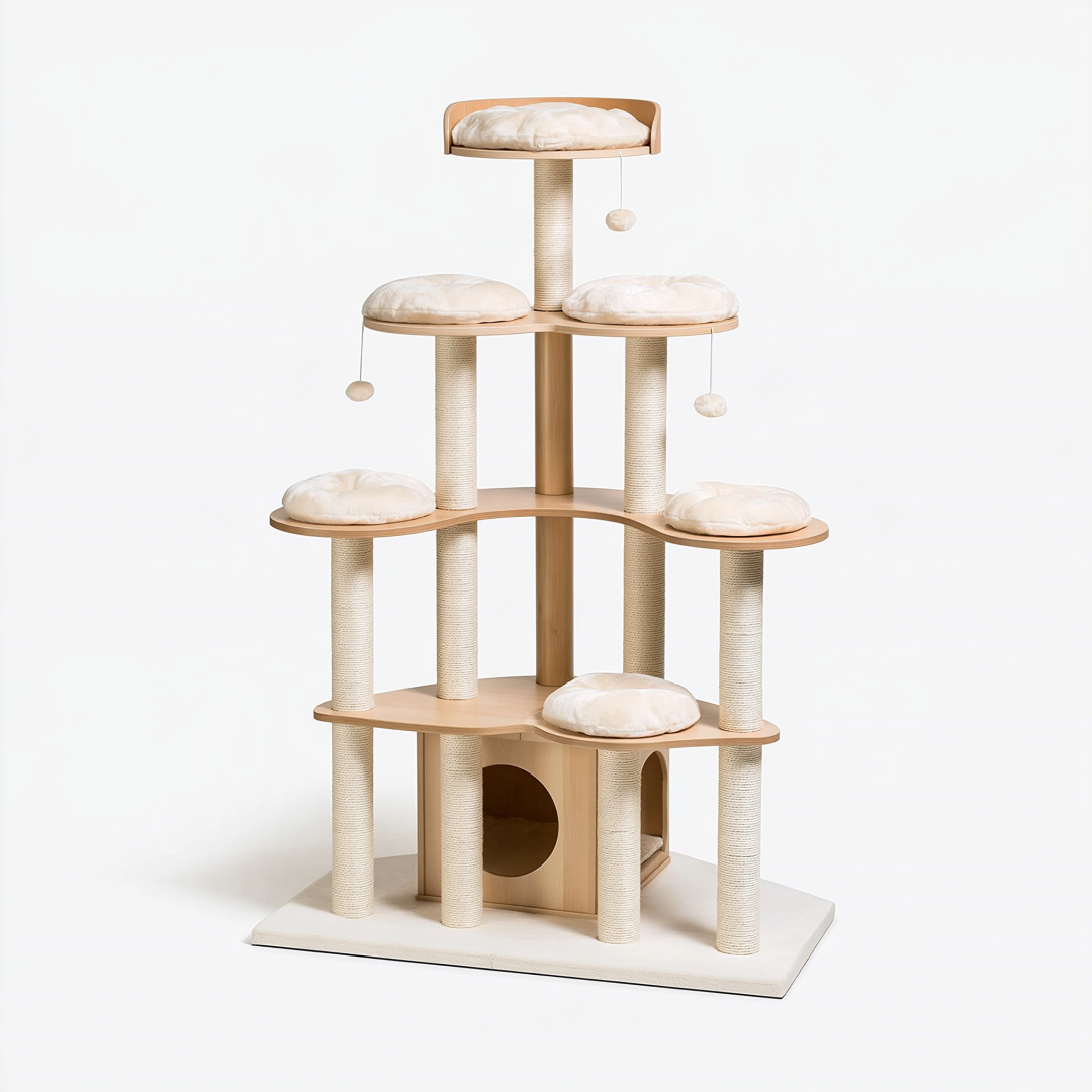 Arbre à chat 60 x 60 x 170 cm en bois beige avec poteaux en sisal et plateformes rembourrées