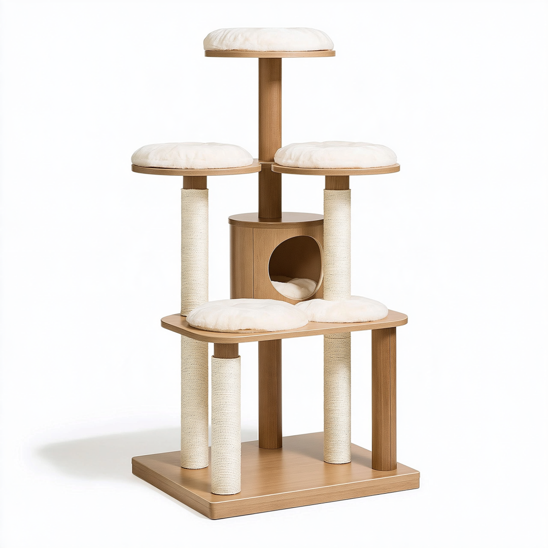 Arbre à chat 60 x 60 x 170 cm en bois beige et blanc avec griffoirs et plateformes