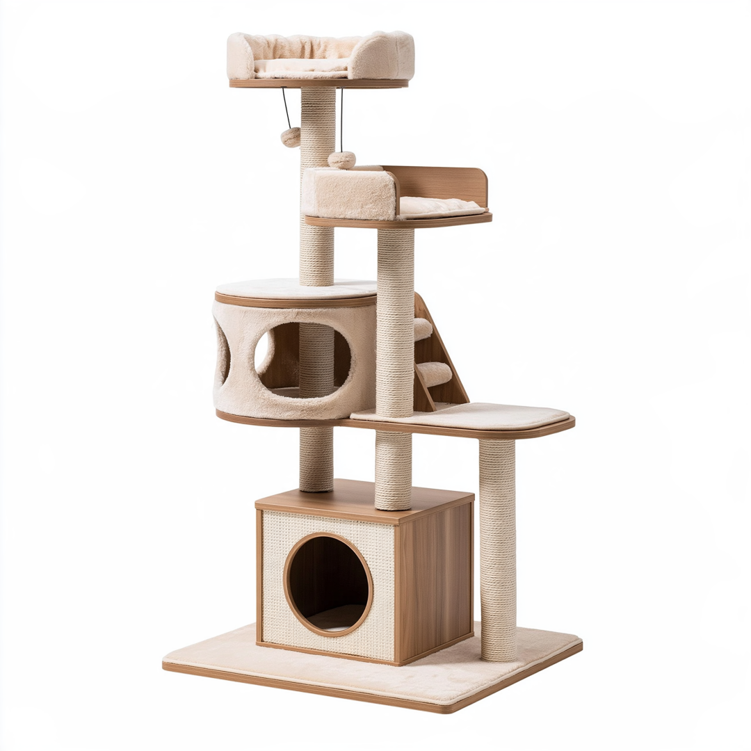 Arbre à chat 60 x 50 x 170 cm en bois beige et marron avec griffoirs en sisal et niches