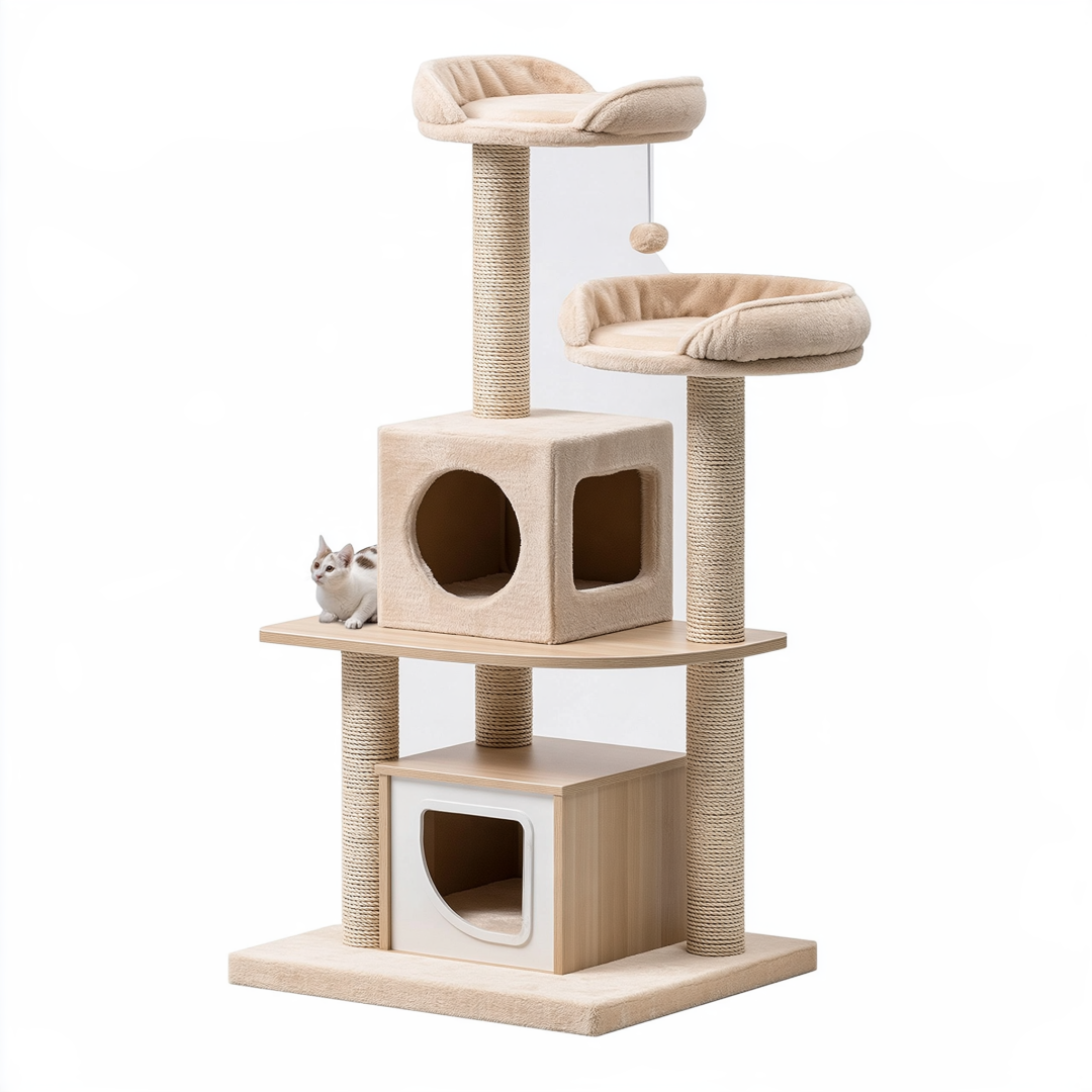Arbre à chat 60 x 50 x 150 cm en sisal beige avec niches plateformes et griffoirs