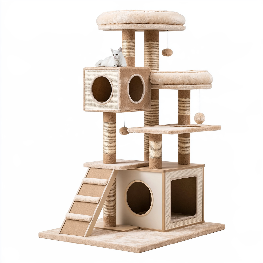 Arbre à chat 70 x 50 x 150 cm beige en panneaux et sisal avec niches plateformes et griffoirs