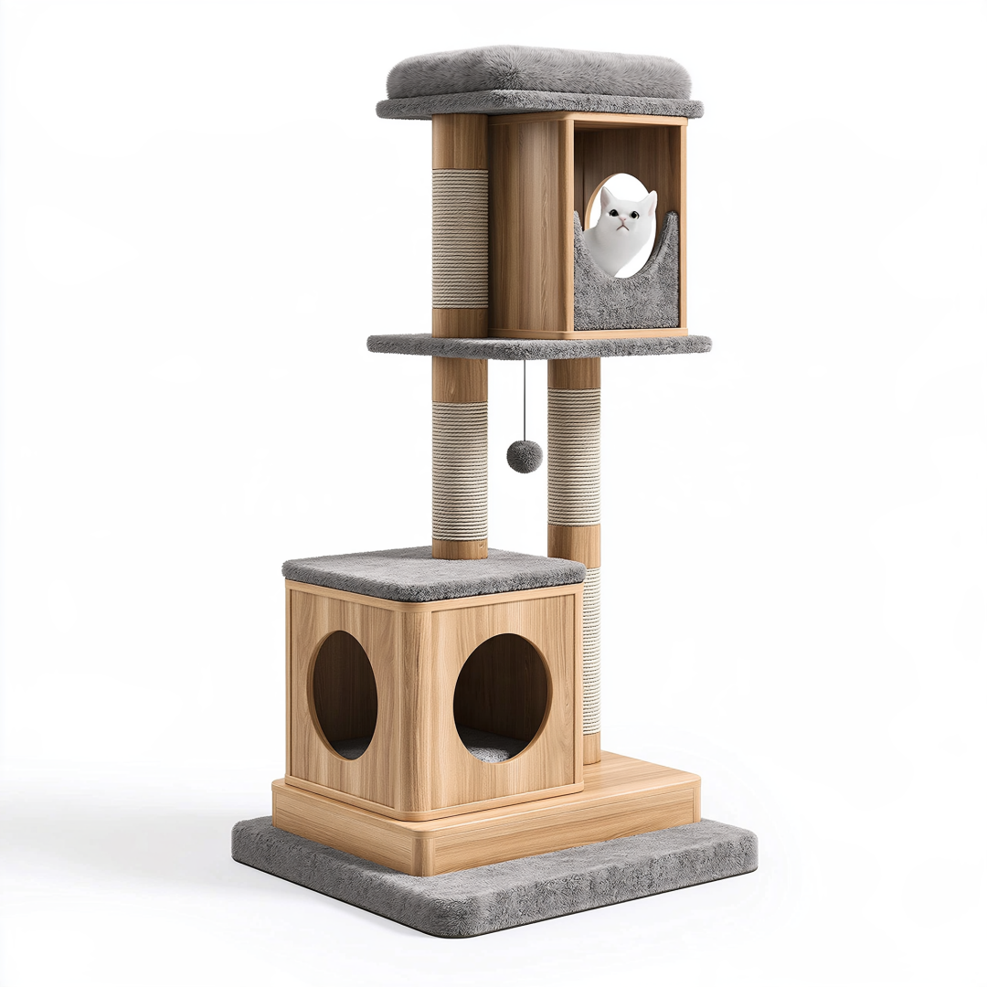 Arbre à chat 60 x 60 x 120 cm en bois beige et gris avec griffoirs et niches