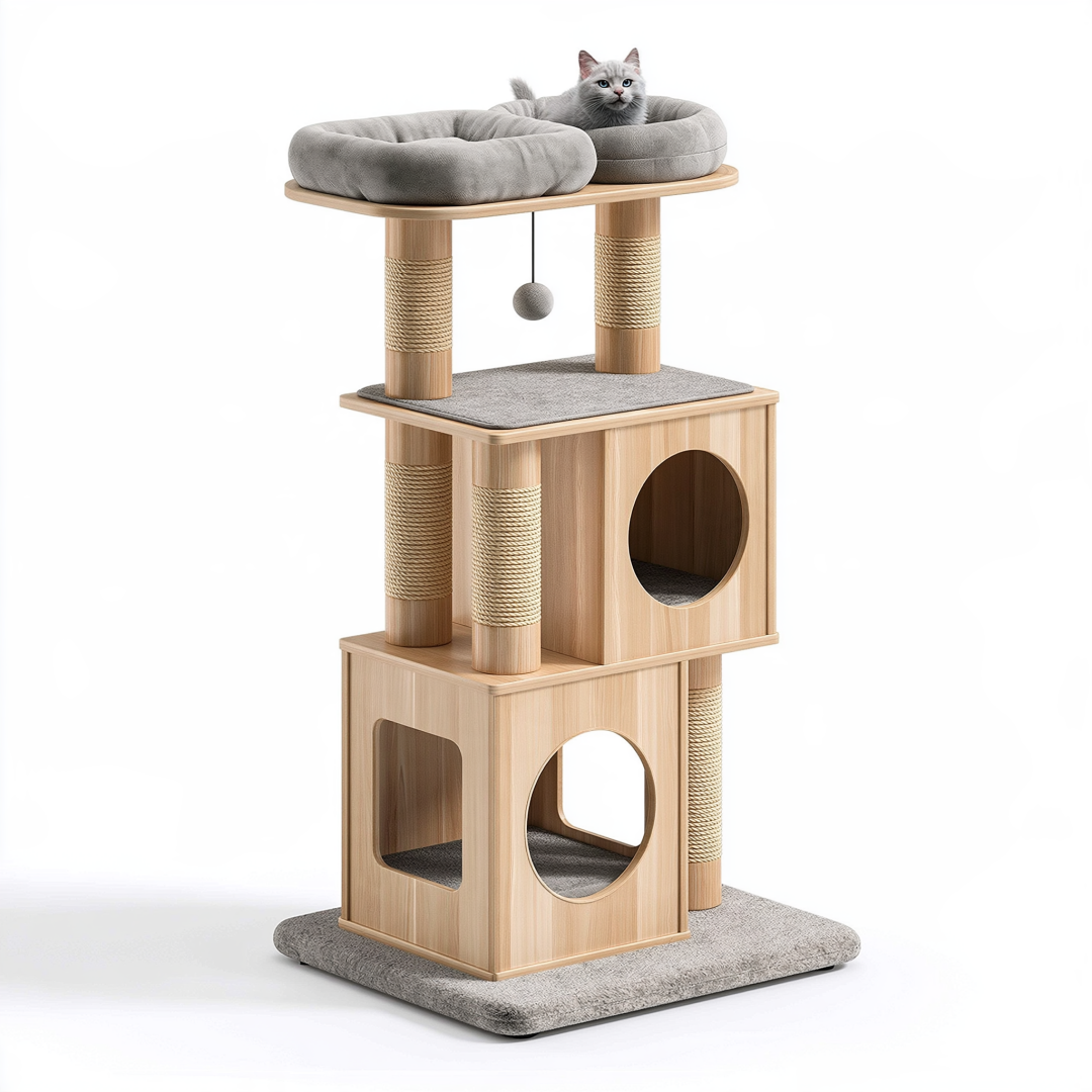 Arbre à chat 60 x 60 x 150 cm en bois beige et gris avec griffoirs et niches