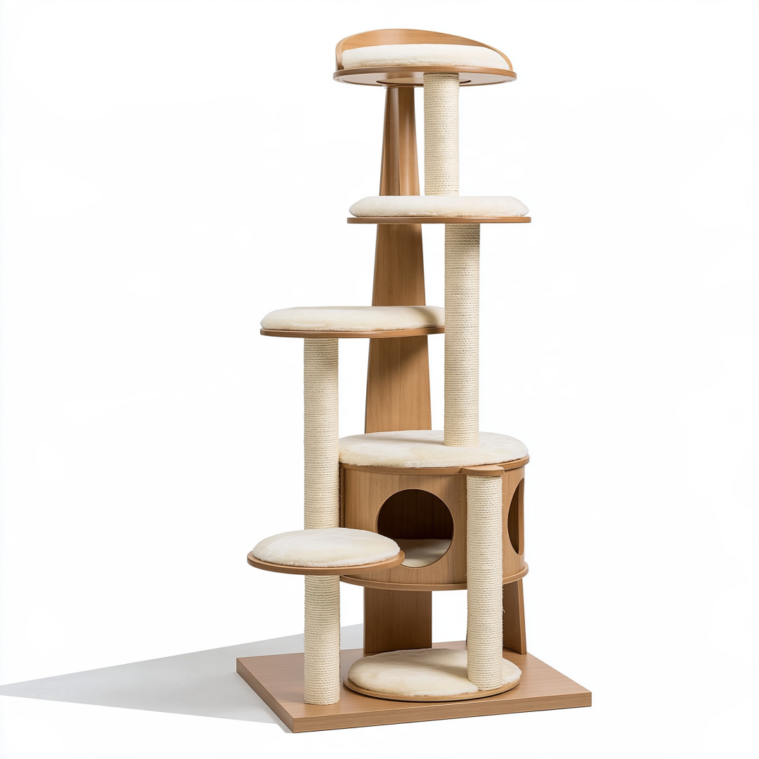 Arbre à chat 60 x 60 x 170 cm en bois beige avec poteaux en sisal et plateformes