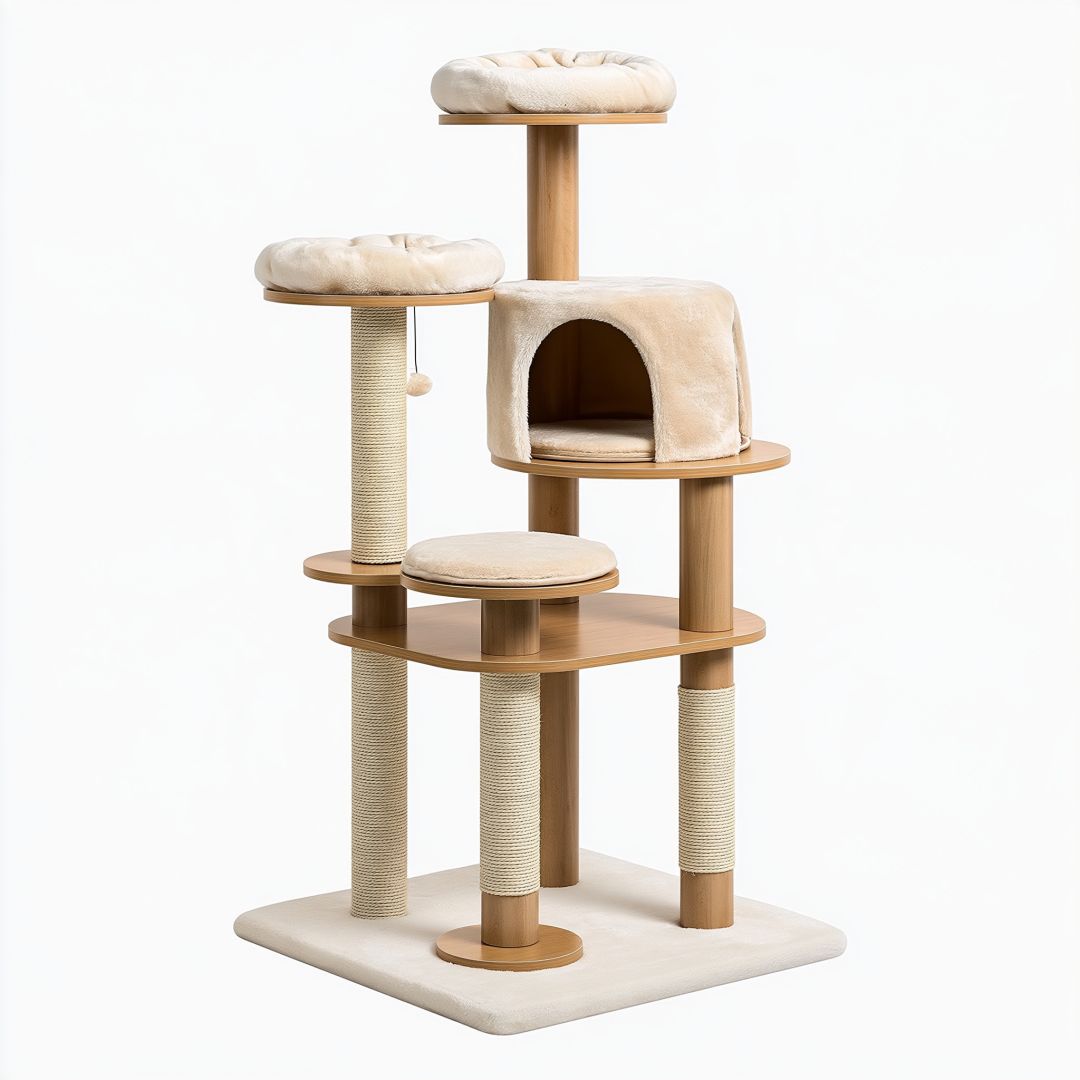 Arbre à chat 60 x 60 x 150 cm en bois beige et naturel avec griffoirs et niche
