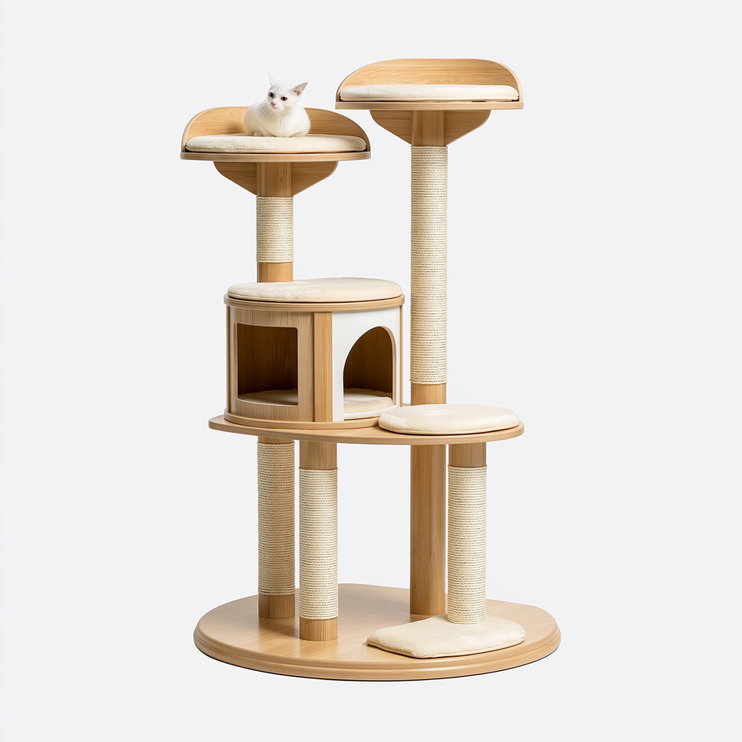 Arbre à chat 70 x 180 cm en bois beige avec griffoirs en sisal et plateformes