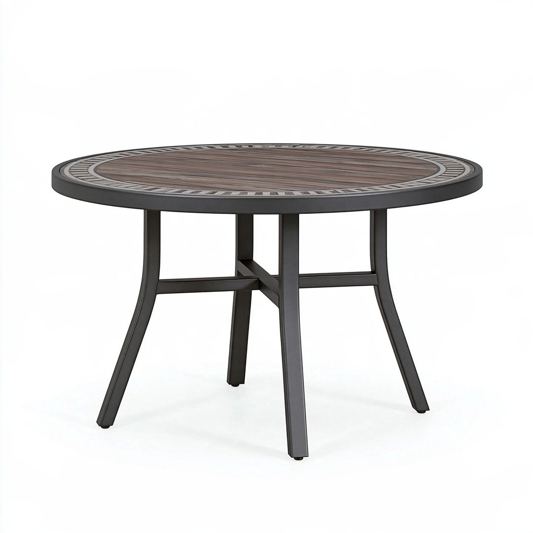 Table de jardin ronde diamètre 110 cm en métal noir et plateau aspect bois style contemporain
