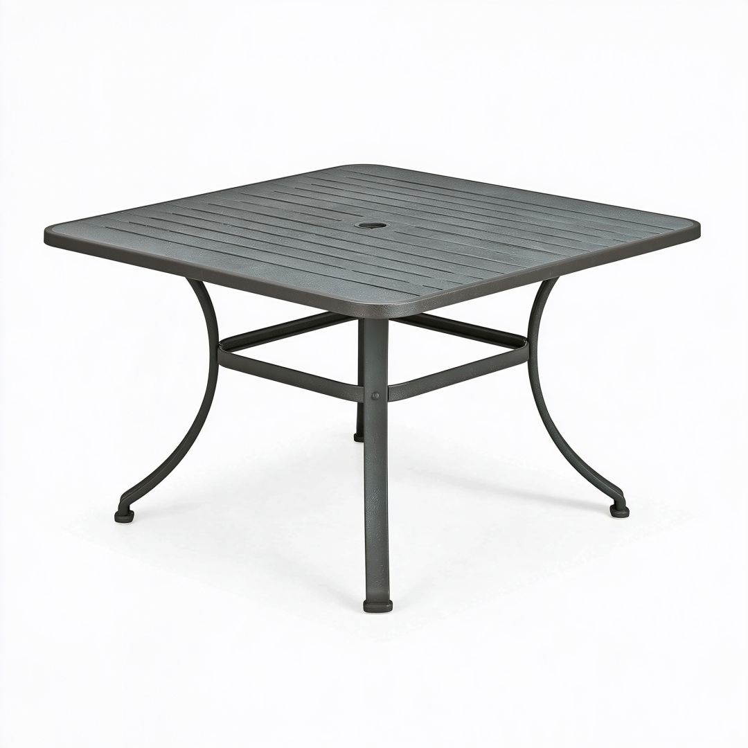 Table de jardin carrée 91 x 91 cm en métal gris anthracite avec trou pour parasol
