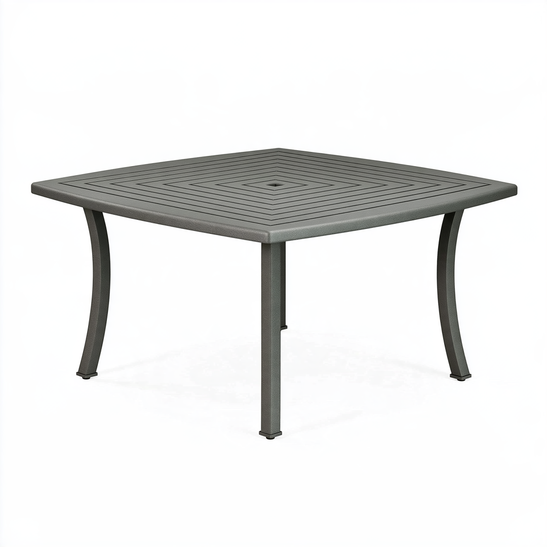 Table de jardin carrée 100 x 100 cm en aluminium gris avec trou de parasol