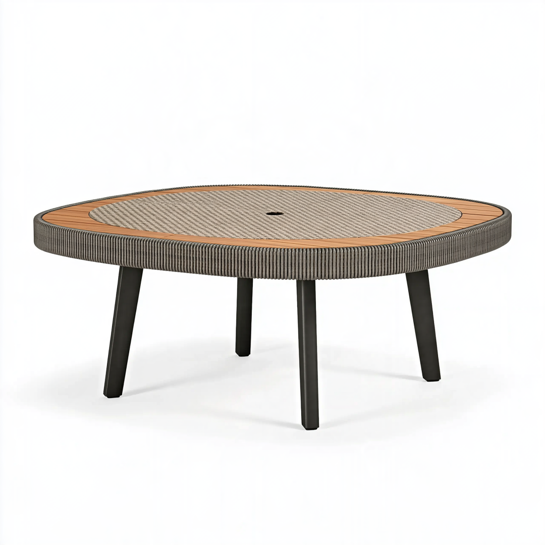 Table de jardin ronde 120 cm en bois et fibres tressées marron noir avec trou pour parasol