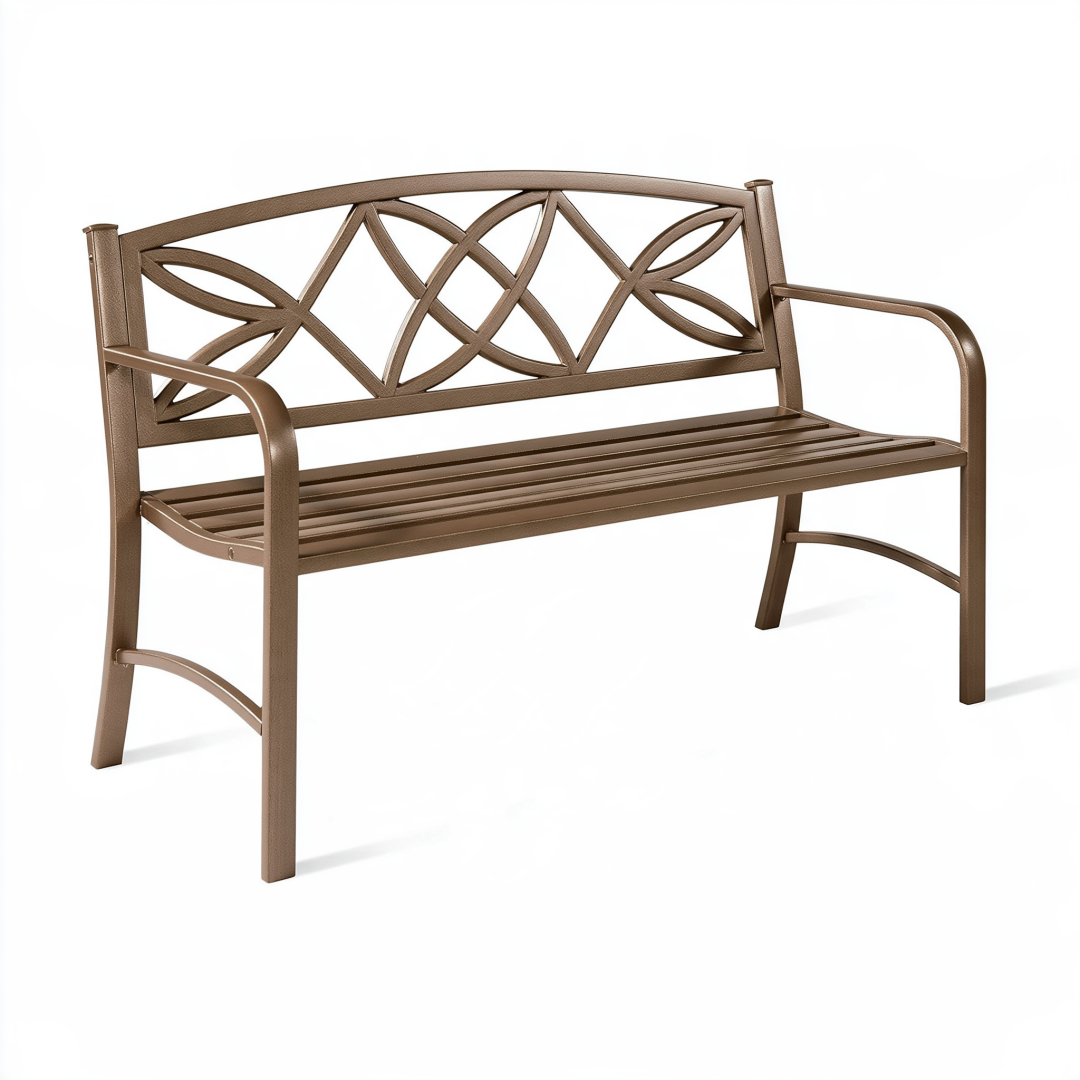 Banc de jardin 122 x 64 x 91 cm en métal brun avec accoudoirs motif végétal