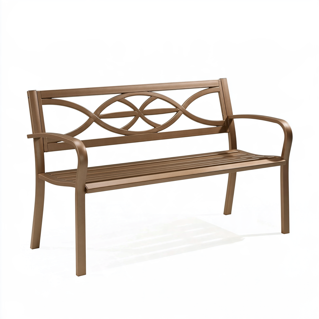 Banc de jardin 122 x 61 x 91 cm en métal brun bronze avec accoudoirs