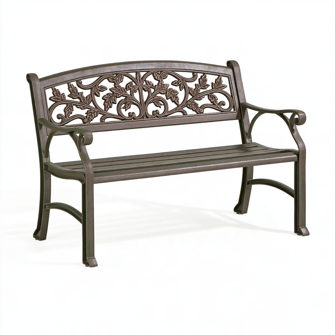 Banc de jardin 125 cm en métal brun à dossier floral pour extérieur
