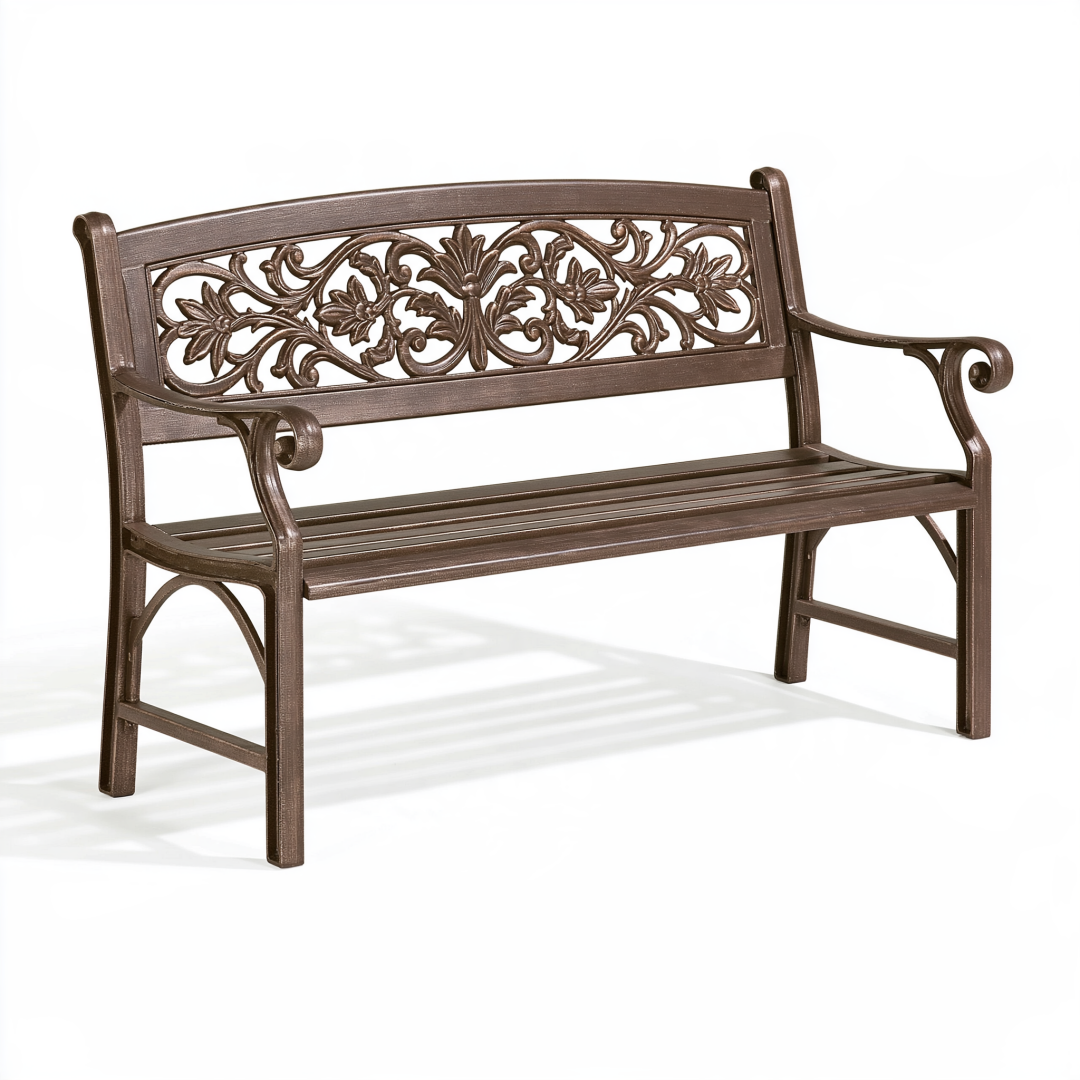 Banc de jardin 122 cm en métal brun à dossier floral classique