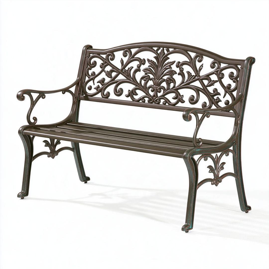 Banc de jardin 122 x 62 x 92 cm en métal bronze style classique décoratif