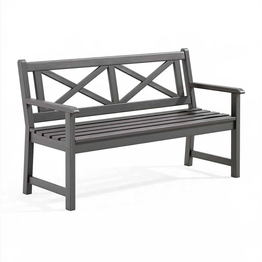 Banc de jardin 122 cm en acier gris à dossier croisé
